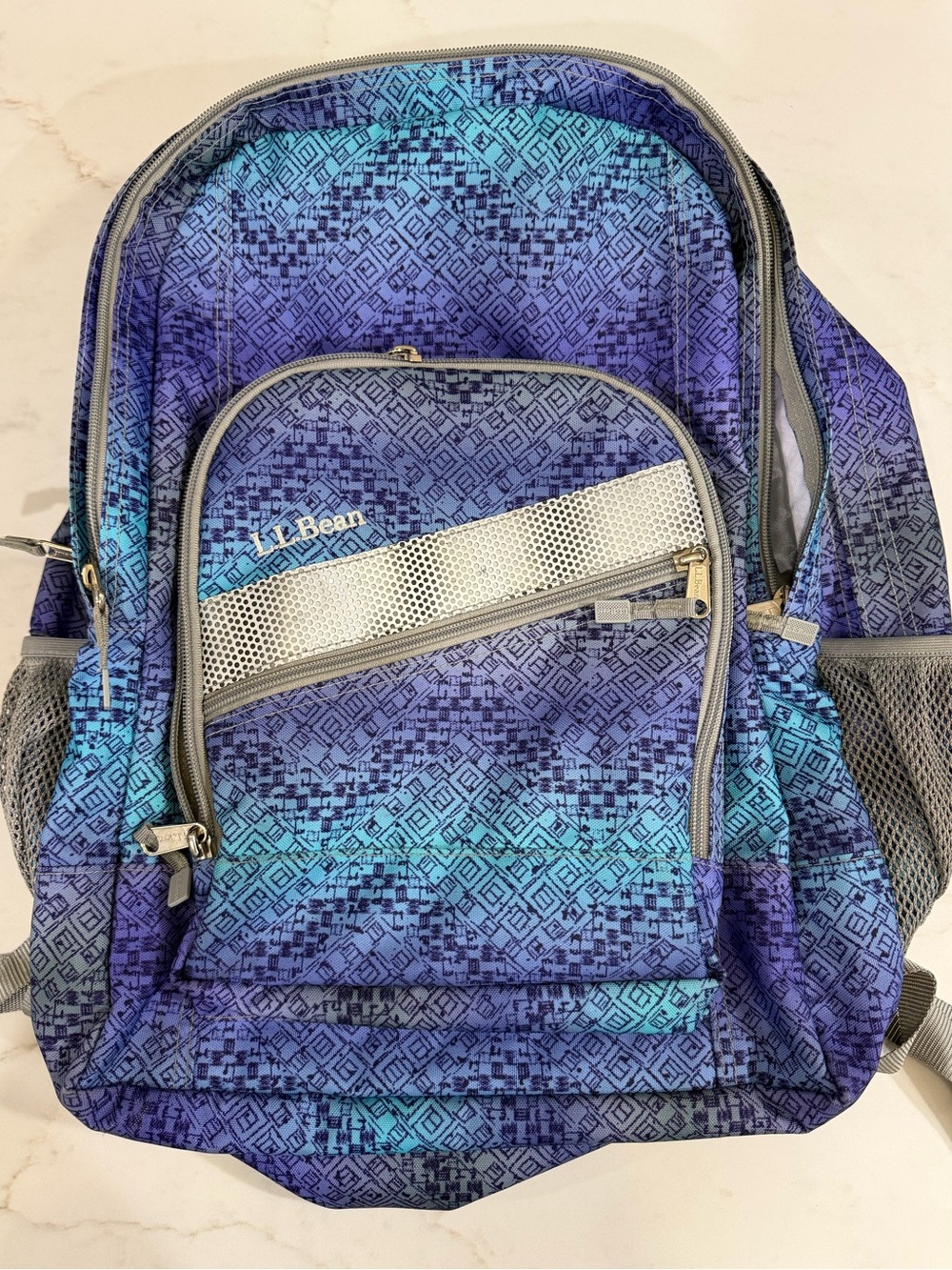 L.L. Bean deluxe Teal & Blue Geometric pattern backpack